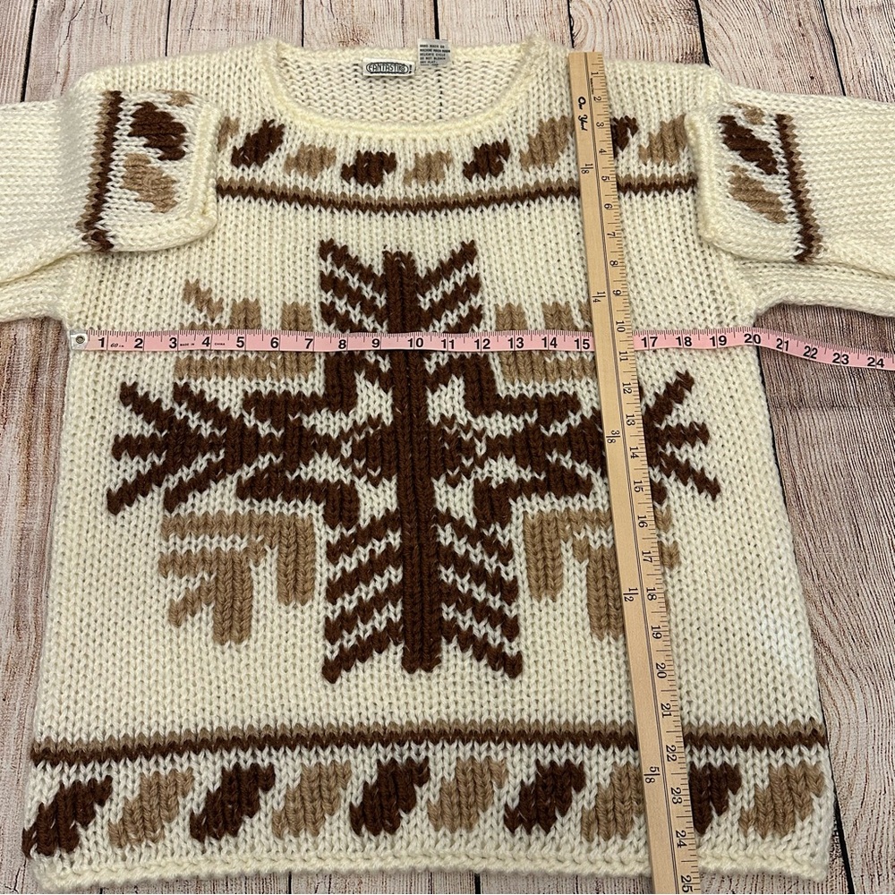 Vintage Cream Brown Sweater Medium 70s Western Country Chunky Hand Knit Cozy - Picture 4 of 5